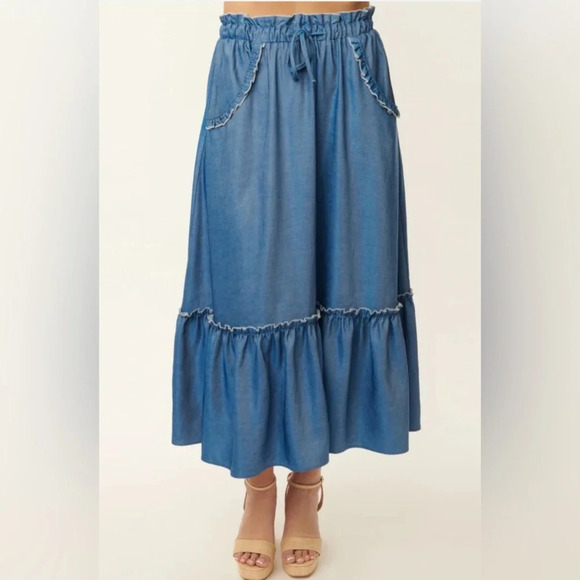 🦋B2G1🦋UNIQUE VINTAGE 1970s Chambray Ruffle Tiered Midi Skirt | NWT | - Picture 4 of 12